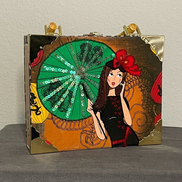 Cigar Box Purse w/Bamboo Handle & Leopard Fabric Interior - Picture 1 of 7